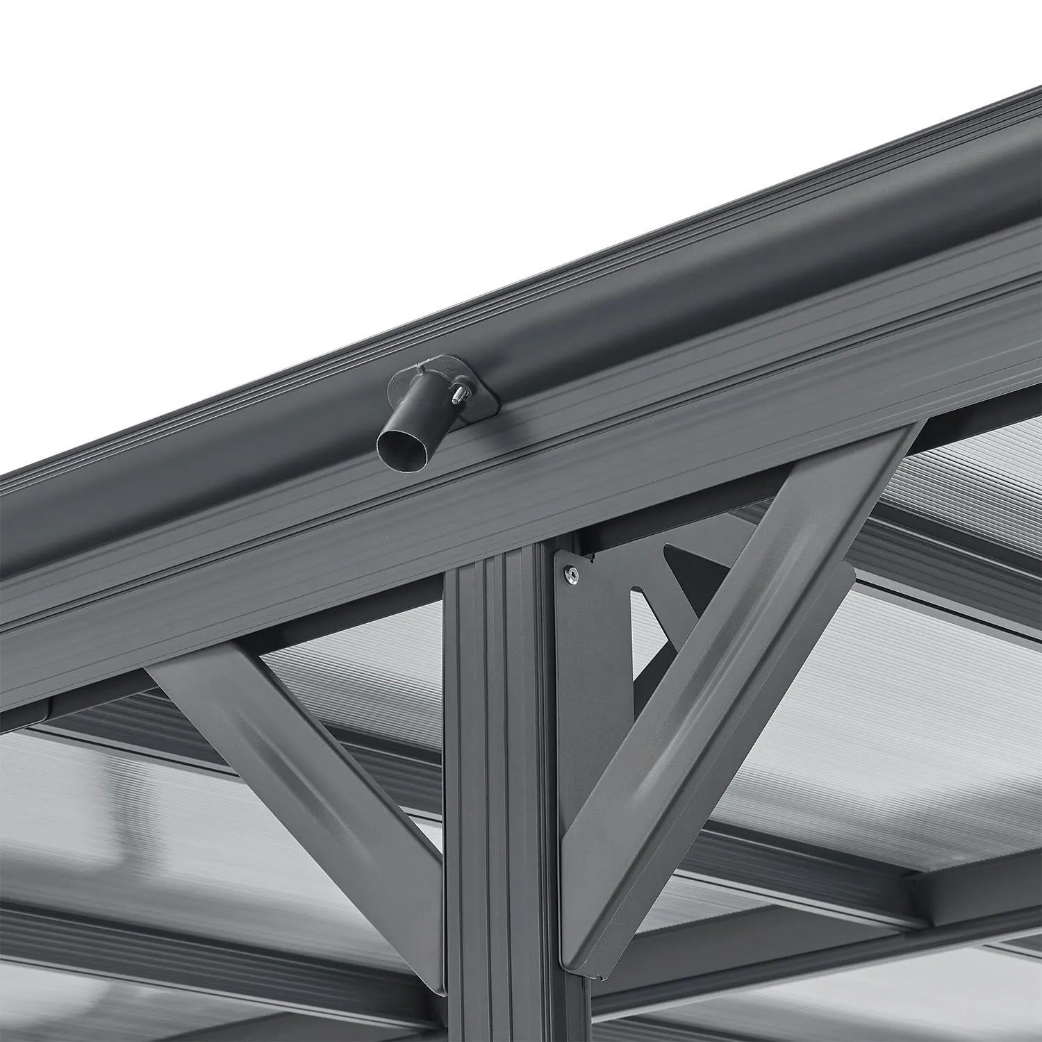 Detailaufnahme: Dunkelgrauer Juskys Carport (5x3 m) mit Flachdach, Regenrinne und Polycarbonatplatten.