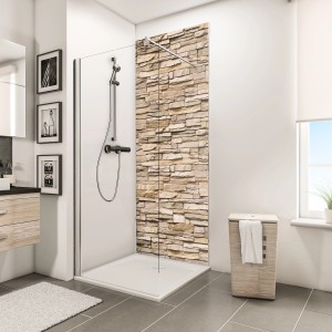 Schulte Duschrückwand DecoDesign Stein Verblender-Hell, 255x150cm, im modernen Badezimmer.