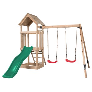 Swing King Spielturm Noa mit Rutsche (grün) und zwei Schaukeln (rot), aus Holz.