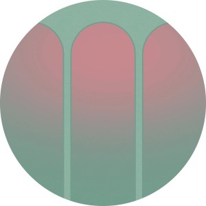 Runde Komar Vlies Fototapete Three Doors, selbstklebend, mit drei stilisierten Türen in Grün und Rosa.