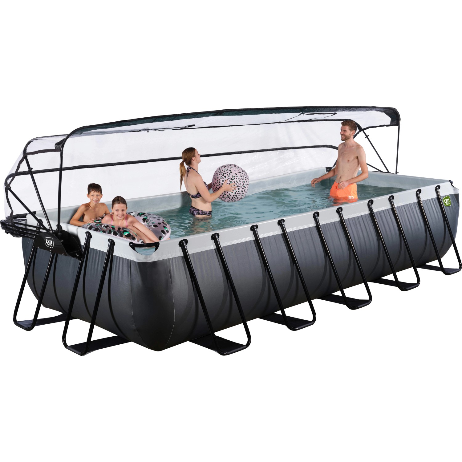 Exit Black Leather Stahlrahmen Pool mit Abdeckung und Familie im Wasser.
