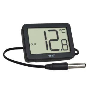 Schwarzes TFA Digitales Innen-Außen-Thermometer mit wasserdichtem Kabelfühler.