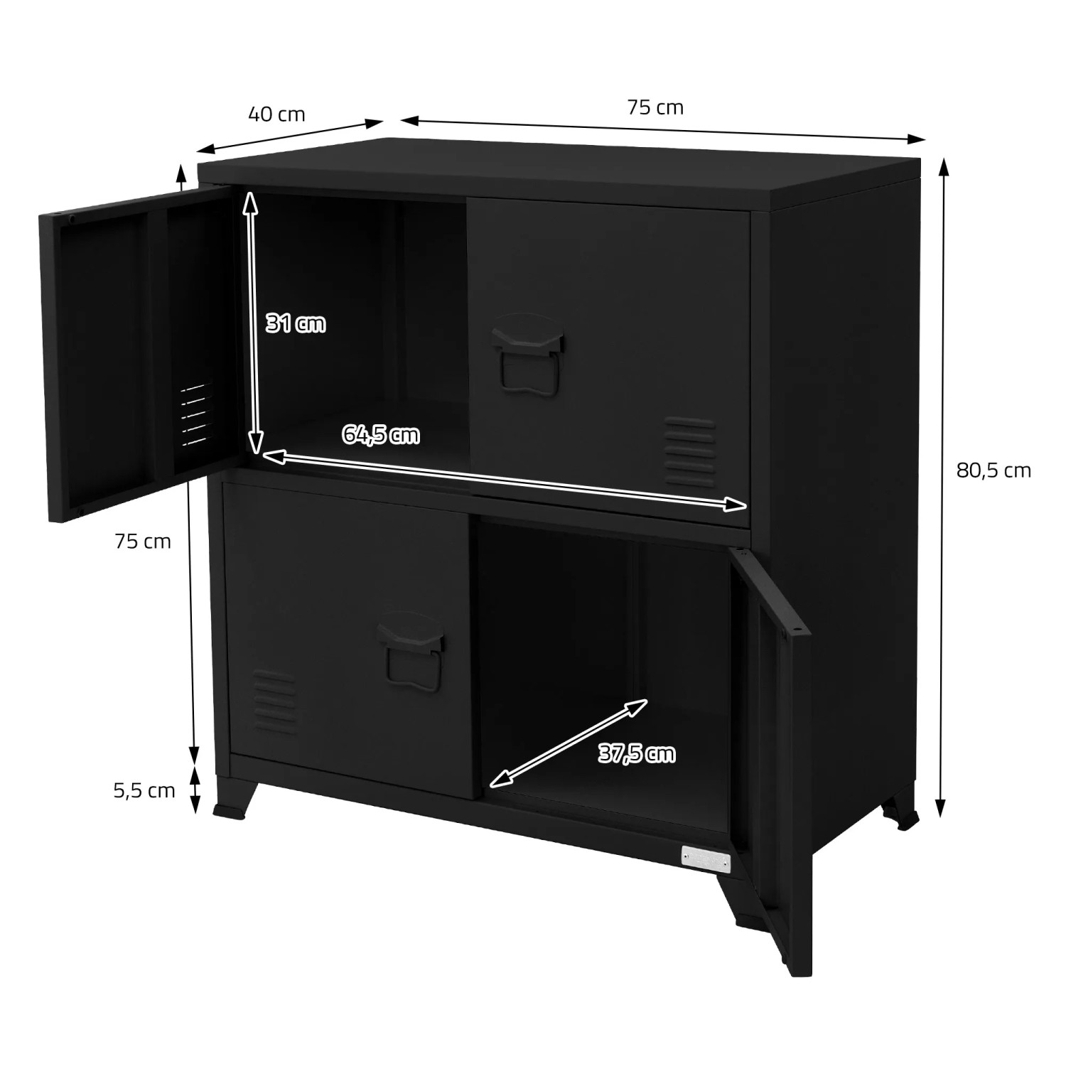 Schwarzer ML-Design Aktenschrank aus Stahl, 75x40x80,5 cm, mit offenen Türen und Maßangaben.