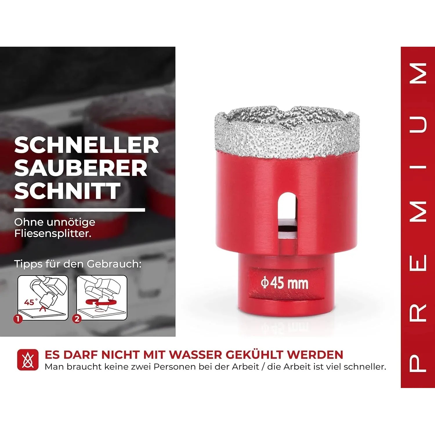 PROREGAL Diamant-Bohrkronenaufsatz, 50 mm, rot, für Fliesen, Glas, Feinsteinzeug und Keramik.