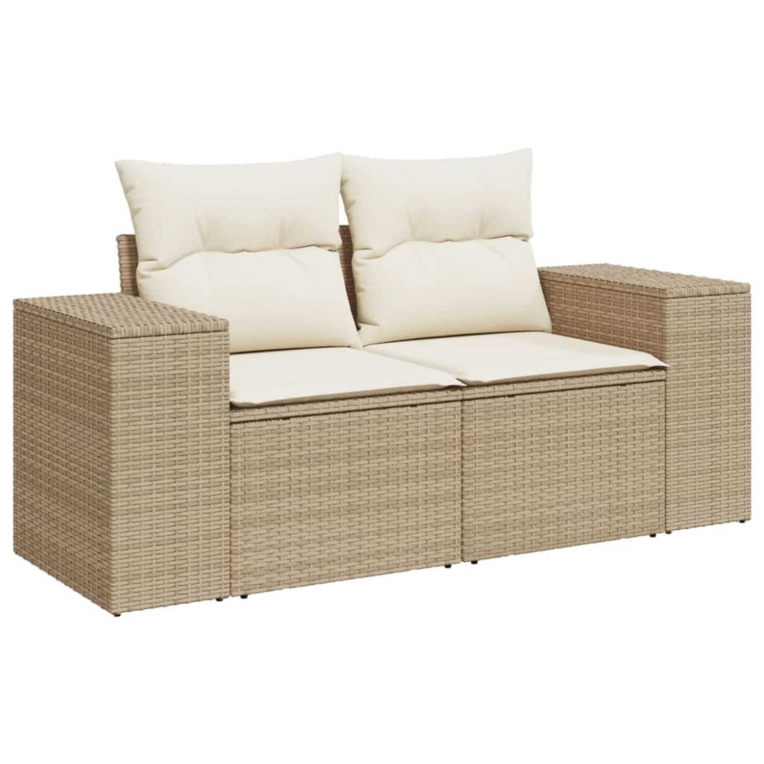 Beige 6-tlg. Garten-Sofagarnitur aus Rattan mit cremeweißen Kissen.