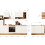 Respekta Küchenblock Hilde 280 cm mit Insel, weiße Fronten, Holzdekor, inkl. E-Geräte. Maßangaben.