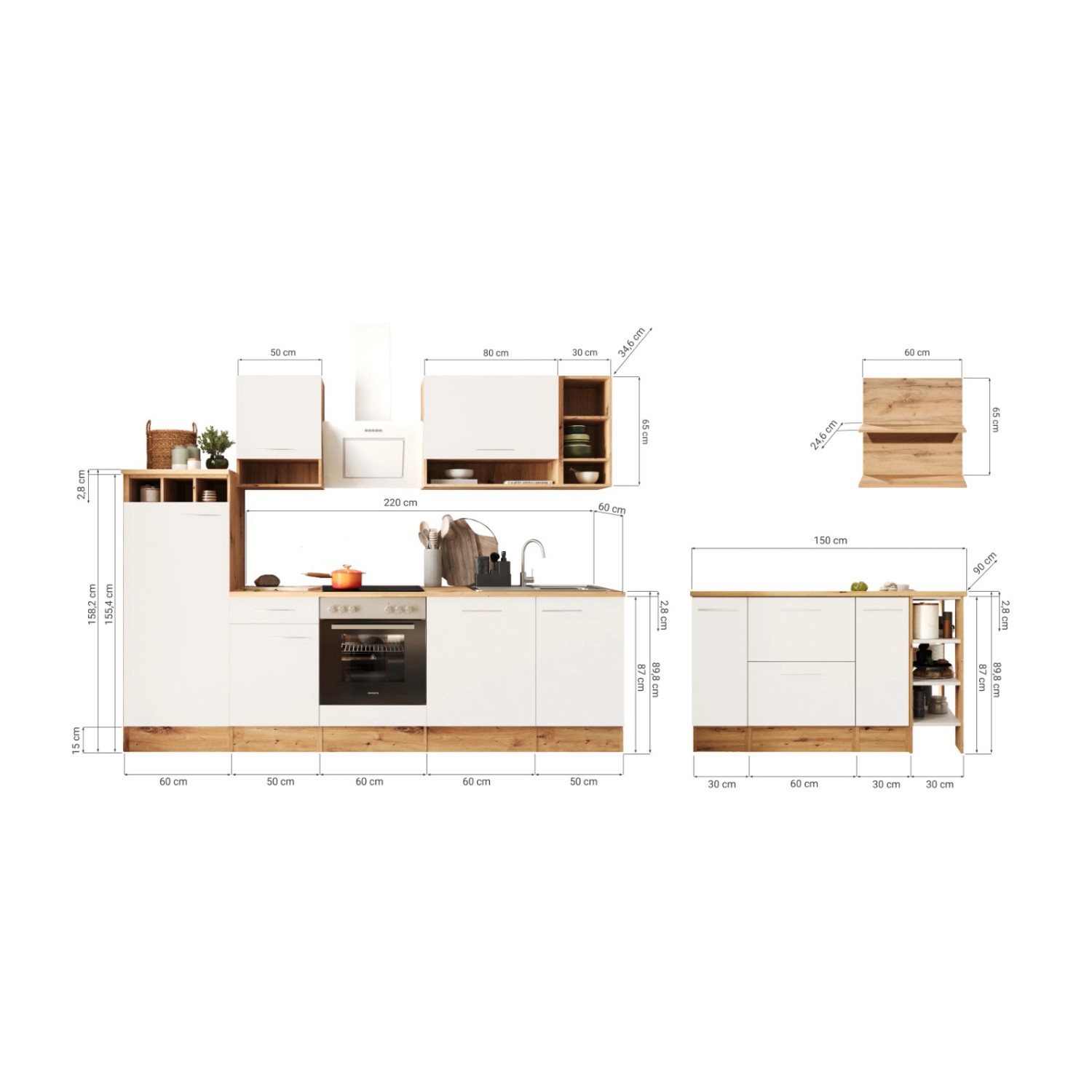 Respekta Küchenblock Hilde 280 cm mit Insel, weiße Fronten, Holzdekor, inkl. E-Geräte. Maßangaben.