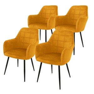 ML-Design 4er Set Esszimmerstühle, ockerfarbener Samtbezug, Rautensteppung und Armlehnen.