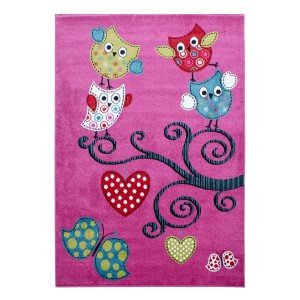 Ayyildiz Kinderteppich Kids 420 Violett mit Eulen, Herzen und Schmetterling auf pinkem Grund, 140x200 cm.