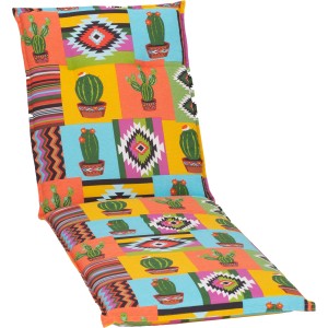 Saumauflage Tijuana für Niedriglehner Gartenstuhl, buntes Muster mit Kakteen und Ethno-Motiven.