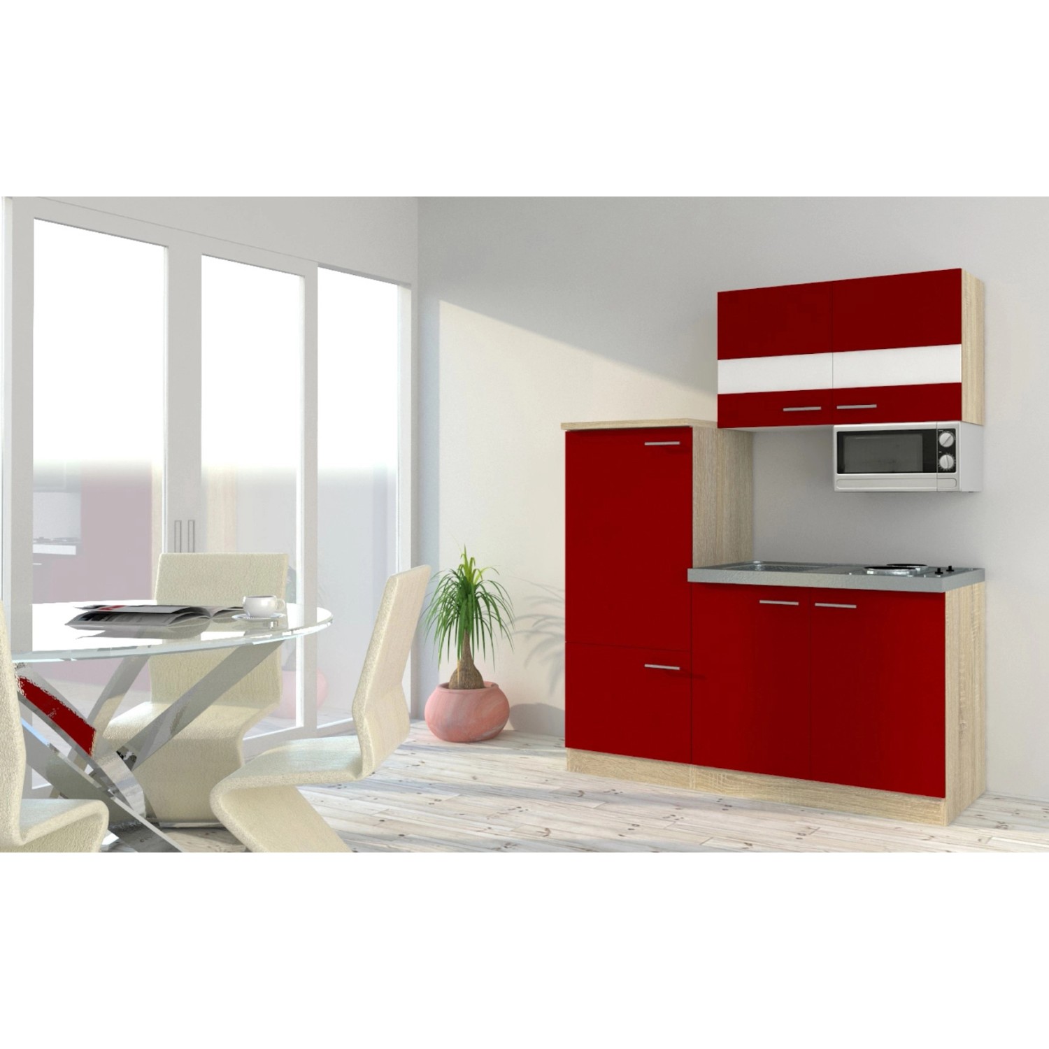 Respekta Miniküche KB160ESRMI 160 cm Rot-Eiche Sonoma Nachbildung Mikrowell günstig online kaufen