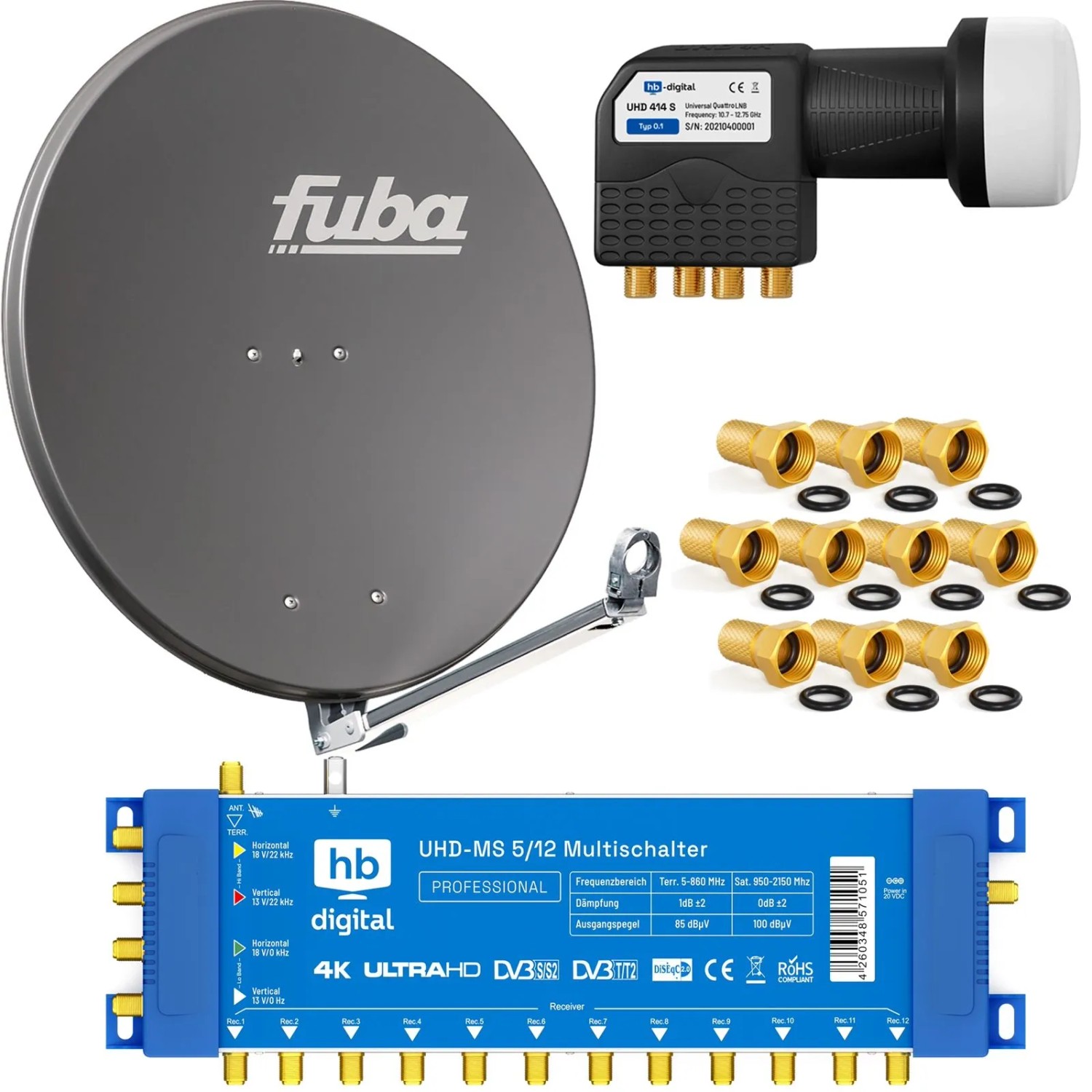 hb-digital SAT Anlage Fuba DAL 800 80cm mit Multischalter MS 5/12 und Quattro LNB Anthrazit