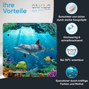Sanilo Duschmatte Delphin Korallen, rutschfeste Badewannenmatte mit Tiermotiv.