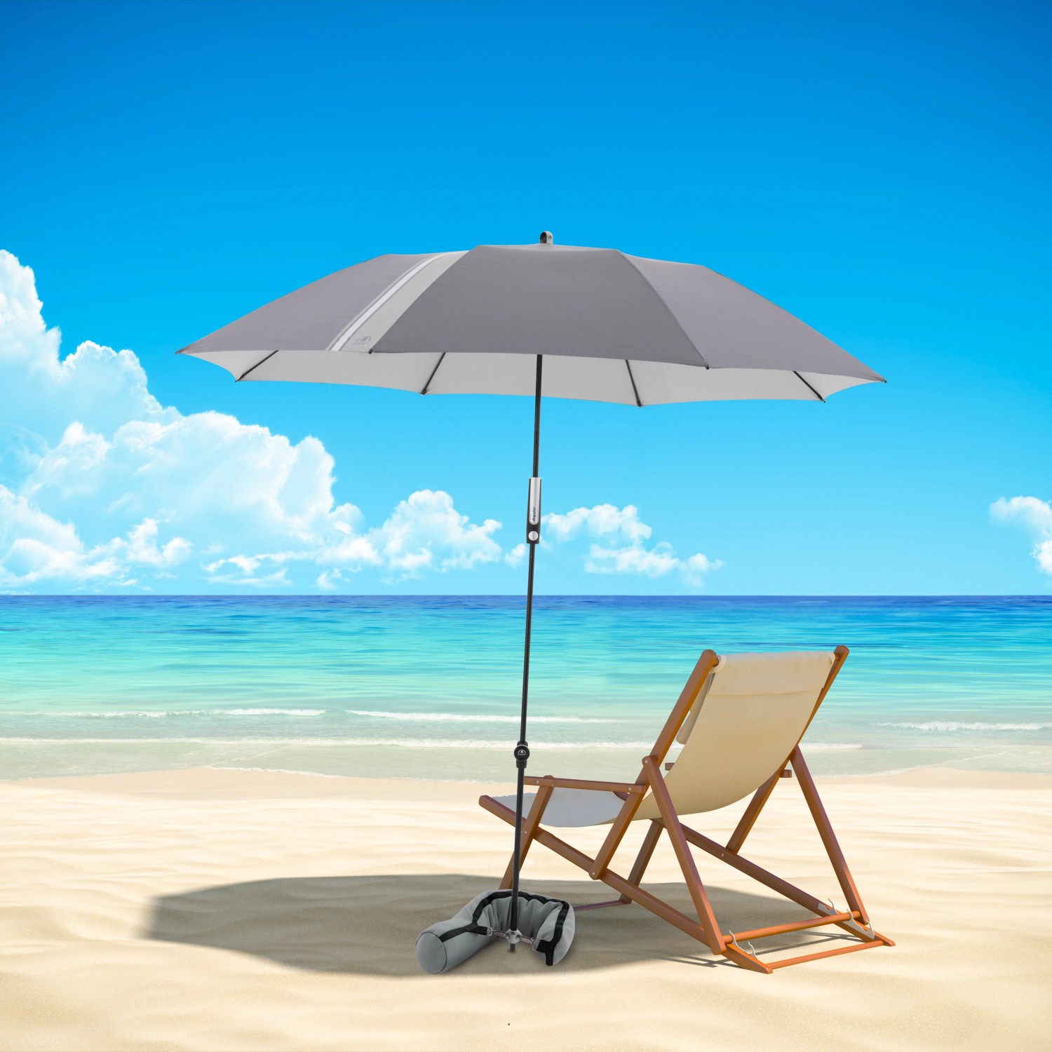 Anthrazitfarbener Doppler Marktschirm Expert 156 cm mit Knickfunktion am Strand.