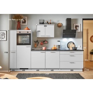 Moderne pino Küchenzeile, 290 cm, lichtgrau mit Geräte-, Apothekerschrank und Maßen.