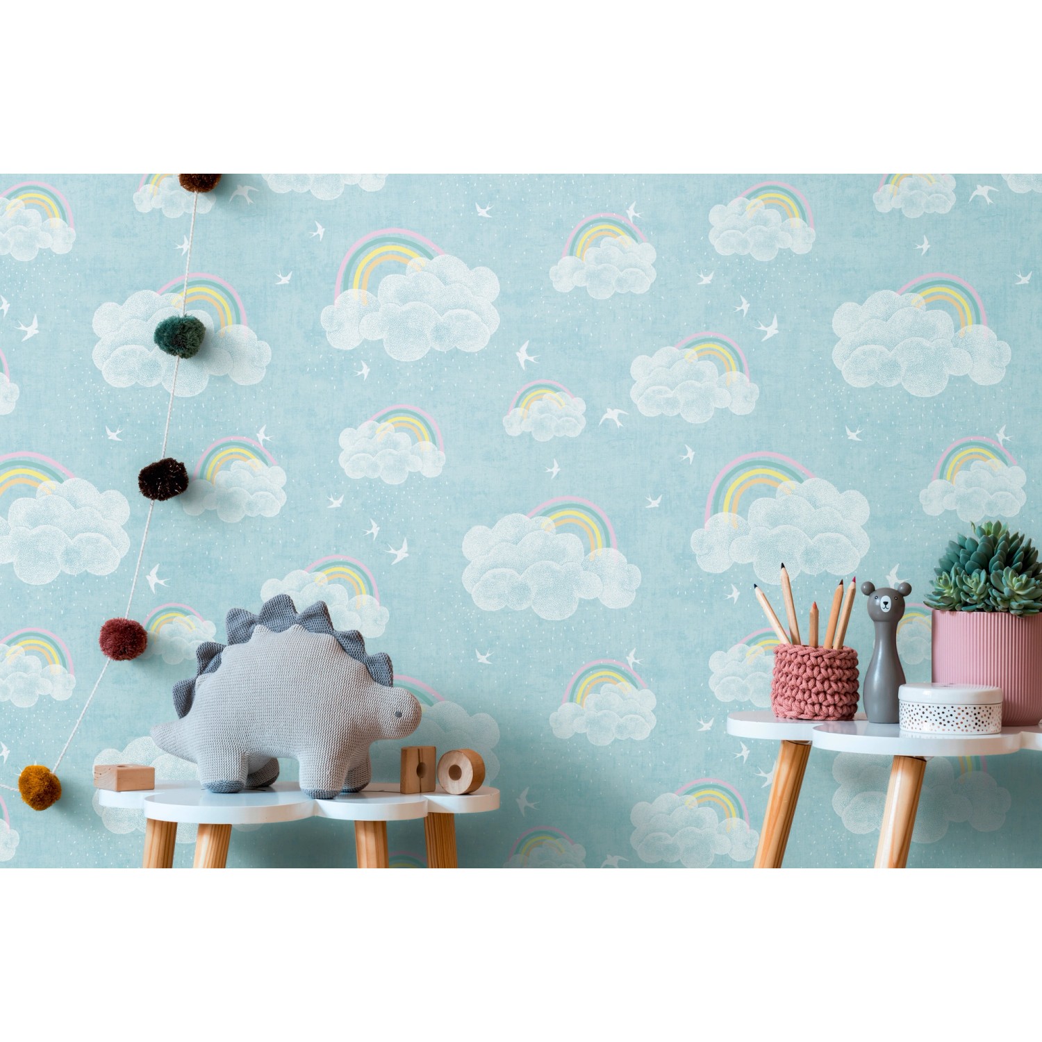 A.S. Creation Vliestapete mit Wolken und Regenbogen in Blau-Bunt für Kinderzimmer.