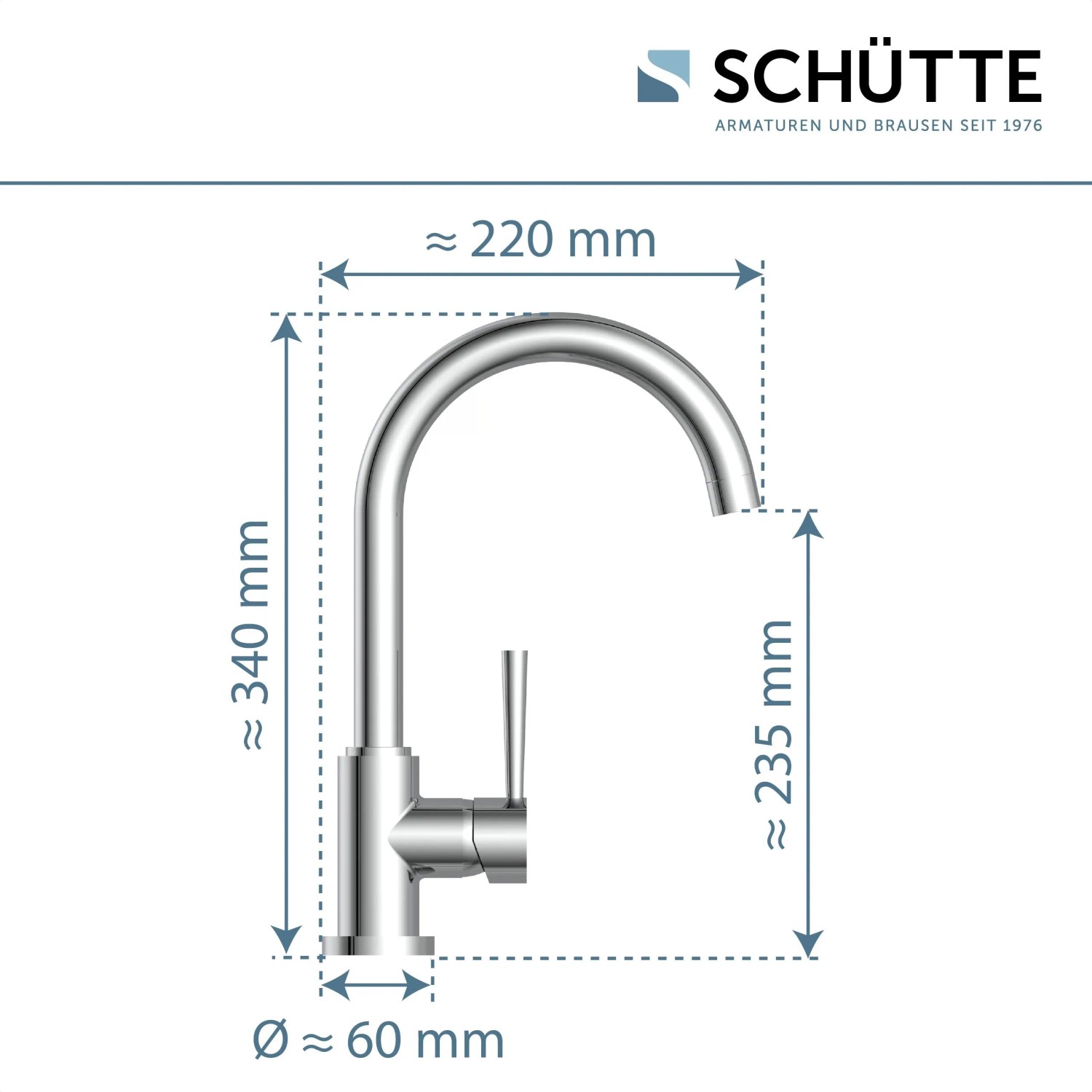 Maße der Schütte Spültischarmatur Niederdruck Cornwall Chrom, Einhebelmischer.