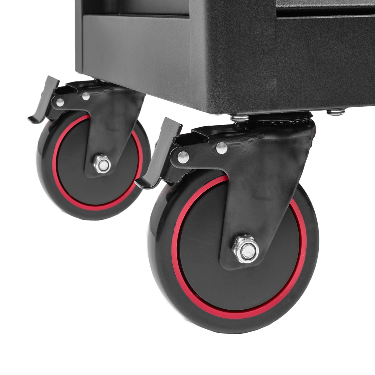 Detailaufnahme: Rollen mit Feststellbremse am schwarzen Einhell Werkstattwagen, 149-teilig.