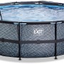 Grauer EXIT Stone Pool Ø450x122cm mit Leiter, Abdeckung und Wärmepumpe.