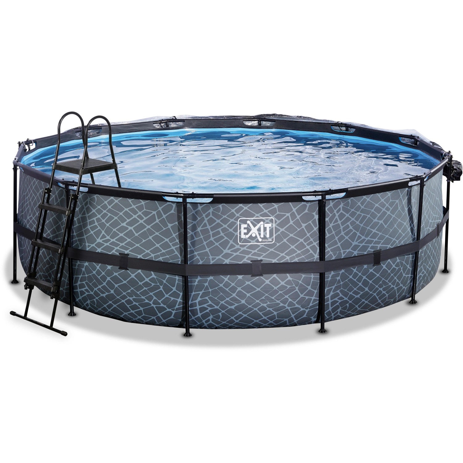 Grauer EXIT Stone Pool Ø450x122cm mit Leiter, Abdeckung und Wärmepumpe.