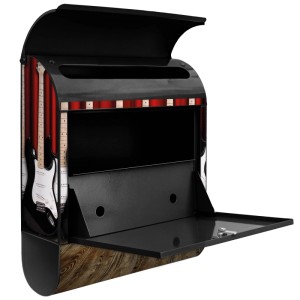 Schwarzer Banjado Design Briefkasten mit E-Gitarren Motiv und Zeitungsfach, pulverbeschichtet.