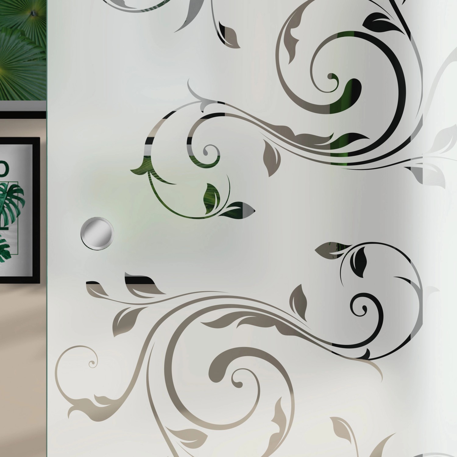 Glasschiebetür mit floralem Siebdruck Dekor 36/35. Ideal für barrierefreies Wohnen.