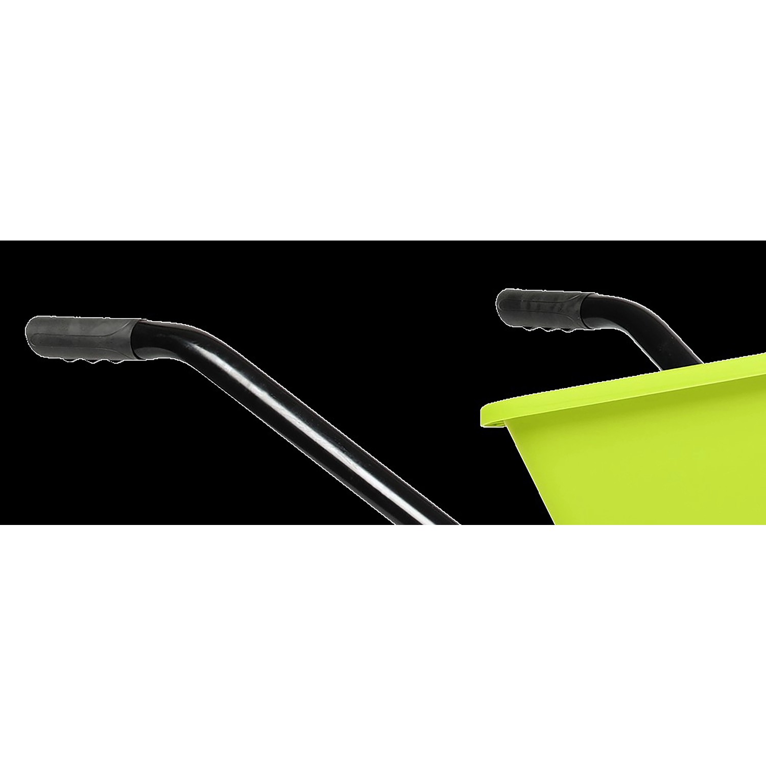 Detailaufnahme: Anisgrüne Haemmerlin Schubkarre Sunny, Kunststoffmulde, schwarze Griffe.