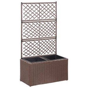 Braunes furnicato Hochbeet mit Rankgitter und 2 Töpfen aus Poly Rattan, 58x30x107cm.