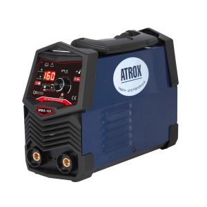 Atrox Lichtbogenschweißgerät mit Digitalanzeige, blau, mit Zubehörset für Schweißarbeiten.