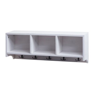 Weißes MCW Wandregal K49 im Shabby-Look mit 3 Fächern und 5 Doppelhaken.