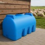 Blauer KMND 2000L horizontaler Trinkwasser Wassertank aus PE auf Pflastersteinen vor Holzwand, ideal für Garten & Lagerung.