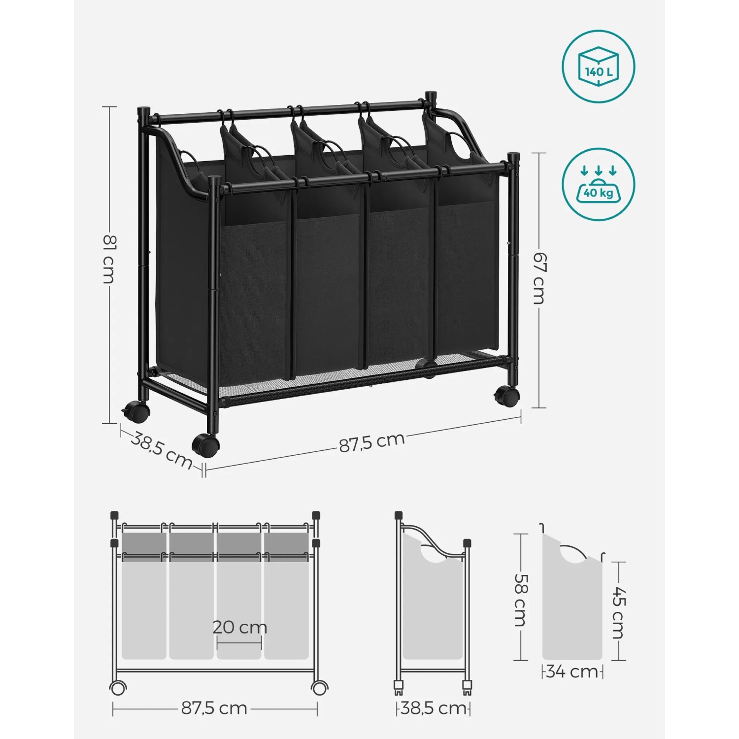 Schwarzer Songmics Wäschesortierer mit 4 Fächern, 140 l Fassungsvermögen und Rollen.