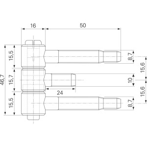 Technische Zeichnung Sfs Stahlzargenband 3-teilig, 16x46,7 mm, vernickelt. Detaillierte Maße des Einbohrbands für Türen.
