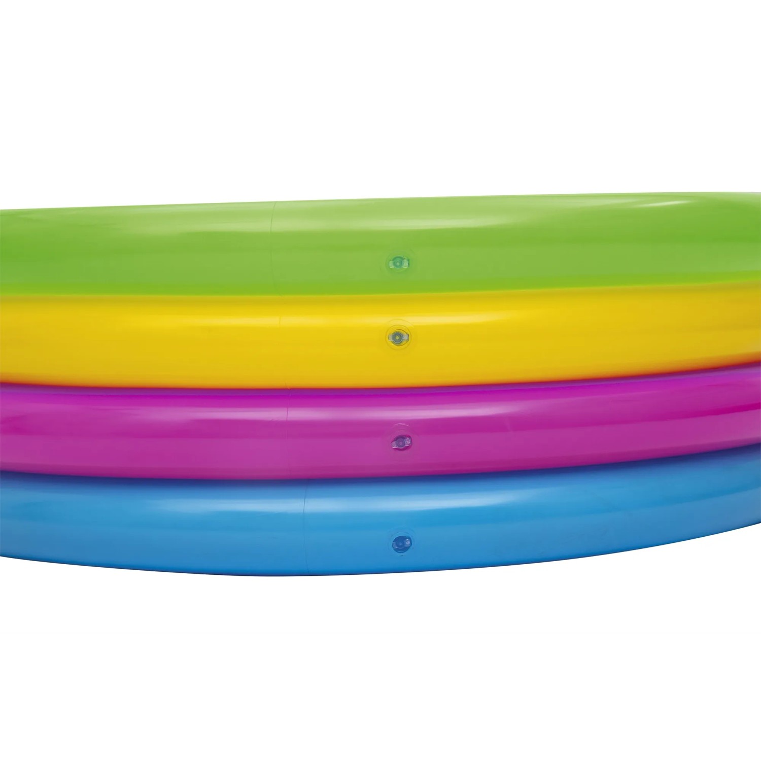 Bestway Planschbecken Swim Squad mit vier farbigen Luftringen (Grün, Gelb, Pink, Blau).