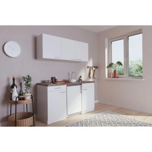Respekta Küchenzeile KB150WW, 150 cm, Weiß Glänzend mit Spüle, Kochfeld und Kühlschrank.
