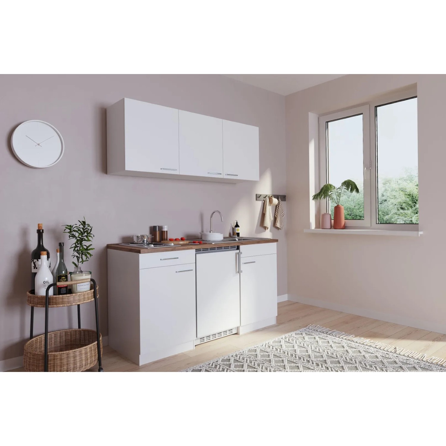 Respekta Küchenzeile KB150WW, 150 cm, Weiß Glänzend mit Spüle, Kochfeld und Kühlschrank.