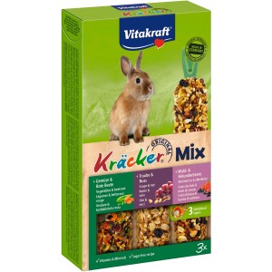 Vitakraft KräckerTrio für Kaninchen, 3 Sorten: Gemüse, Nuss, Waldbeere. Knabberstangen auf Holz.