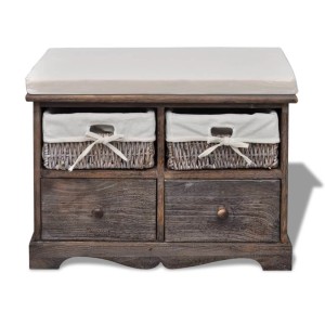 Braune vidaXL Sitzbank mit Stauraum, Paulownia Holz, zwei Körbe und Schubladen, mit Sitzkissen.