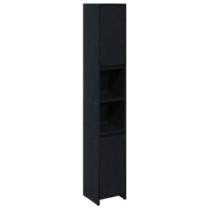 Schmaler, schwarzer Badezimmerschrank in Eichen-Optik mit Türen und offenen Regalen.