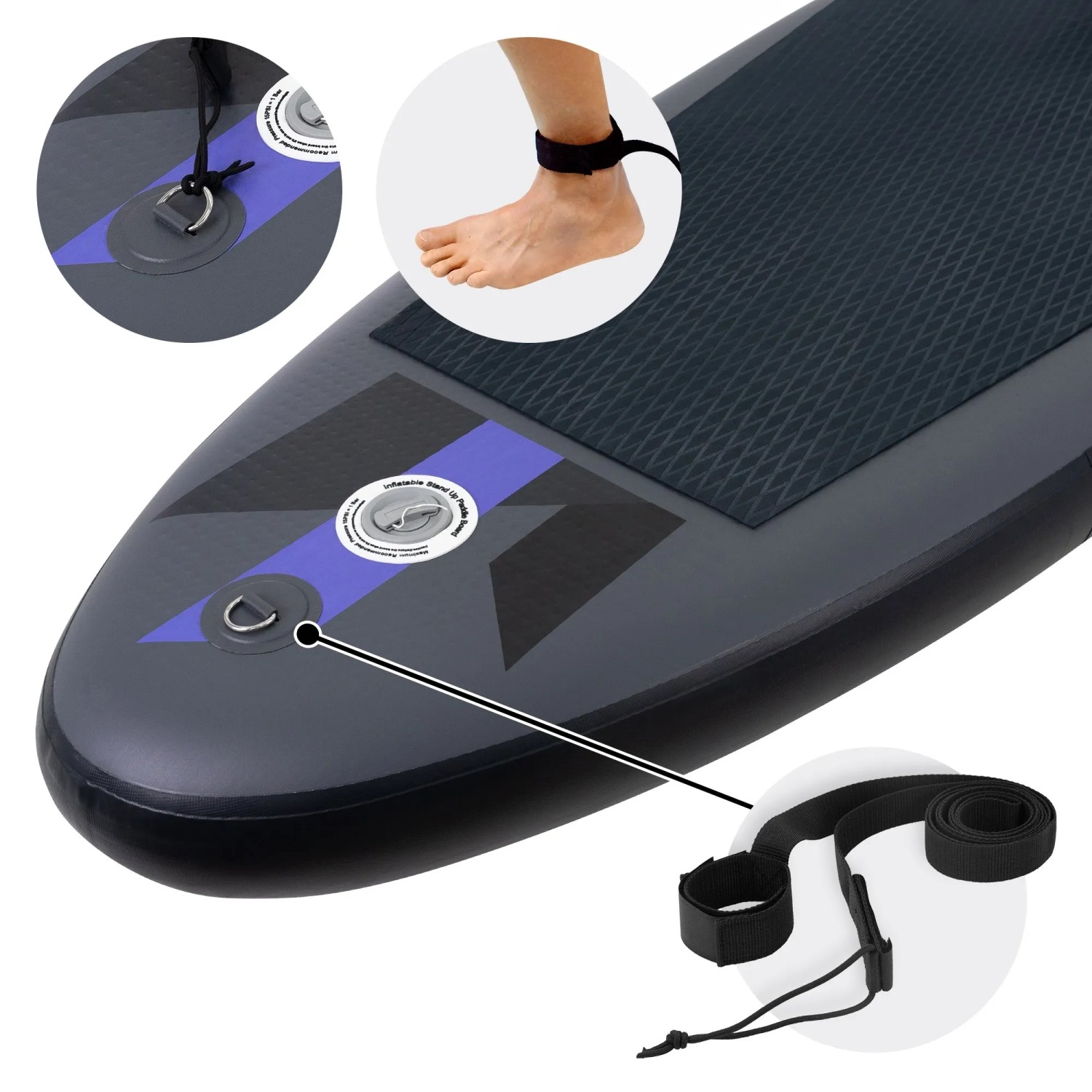 Detailaufnahme: Schwarzes ECD Germany Stand Up Paddle Board mit Sicherheitsleine.