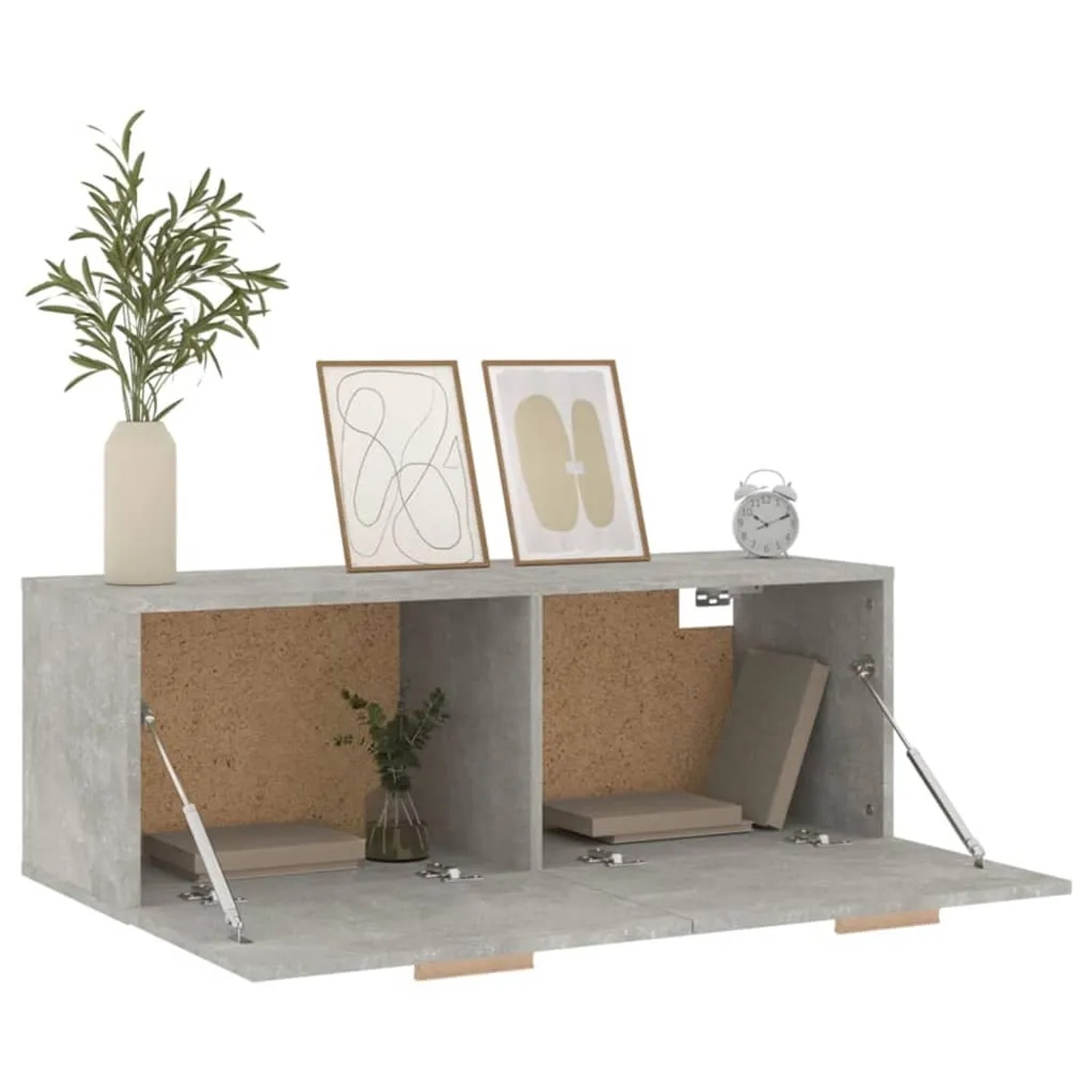 Betongrauer Wandschrank (100x36,5x35 cm) aus Holzwerkstoff mit zwei offenen Fächern als Büroschrank.