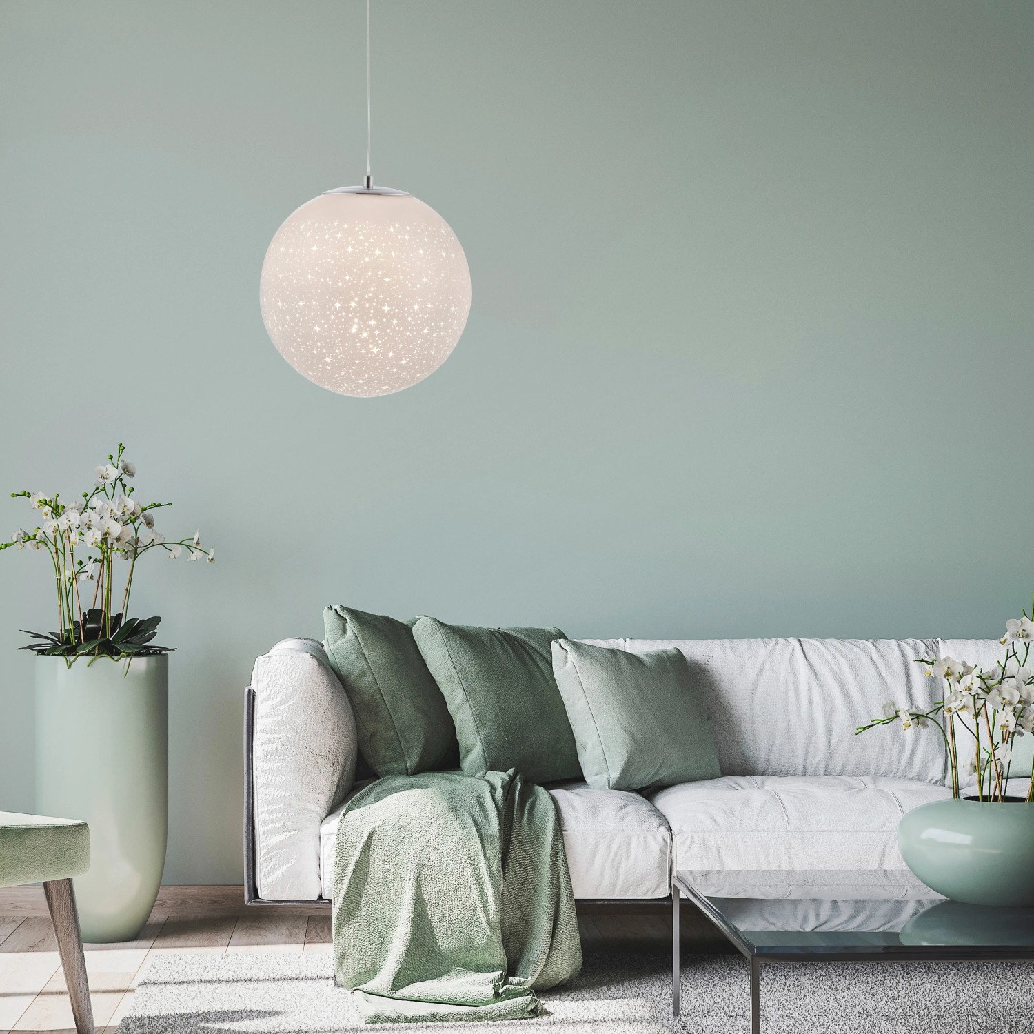 Paul Neuhaus LED-Pendelleuchte Bolo, 1-flammig, Chrom, mit Sternenhimmel-Optik.