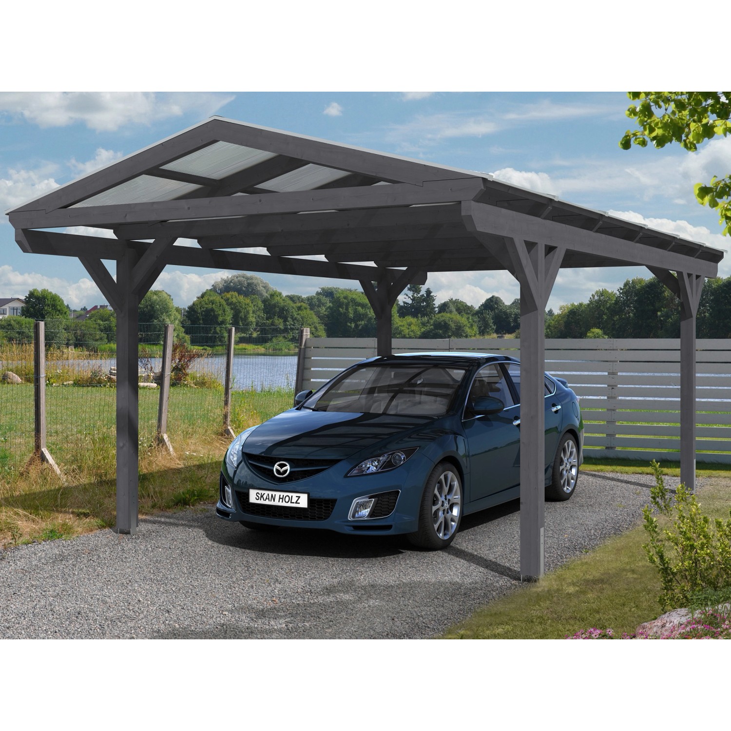 Skan Holz Carport Westerwald 362 cm x 648 cm gerade Kopfbänder Schiefergrau günstig online kaufen