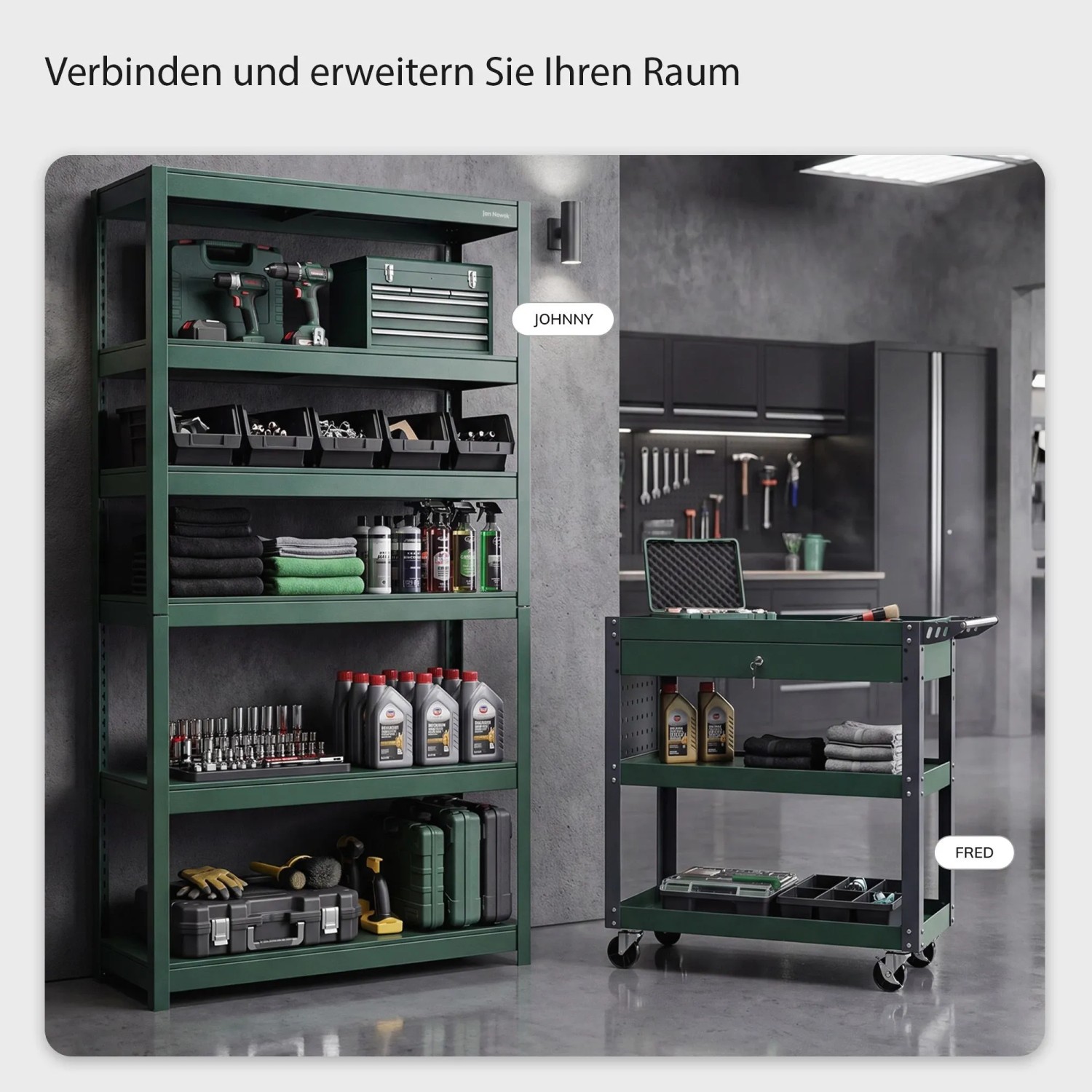 Flaschengrüner JAN NOWAK Werkstatt-Werkzeugwagen FRED aus Stahl mit 3 Ablagen, abschließbarer Schublade, Lochwand und Rollen.