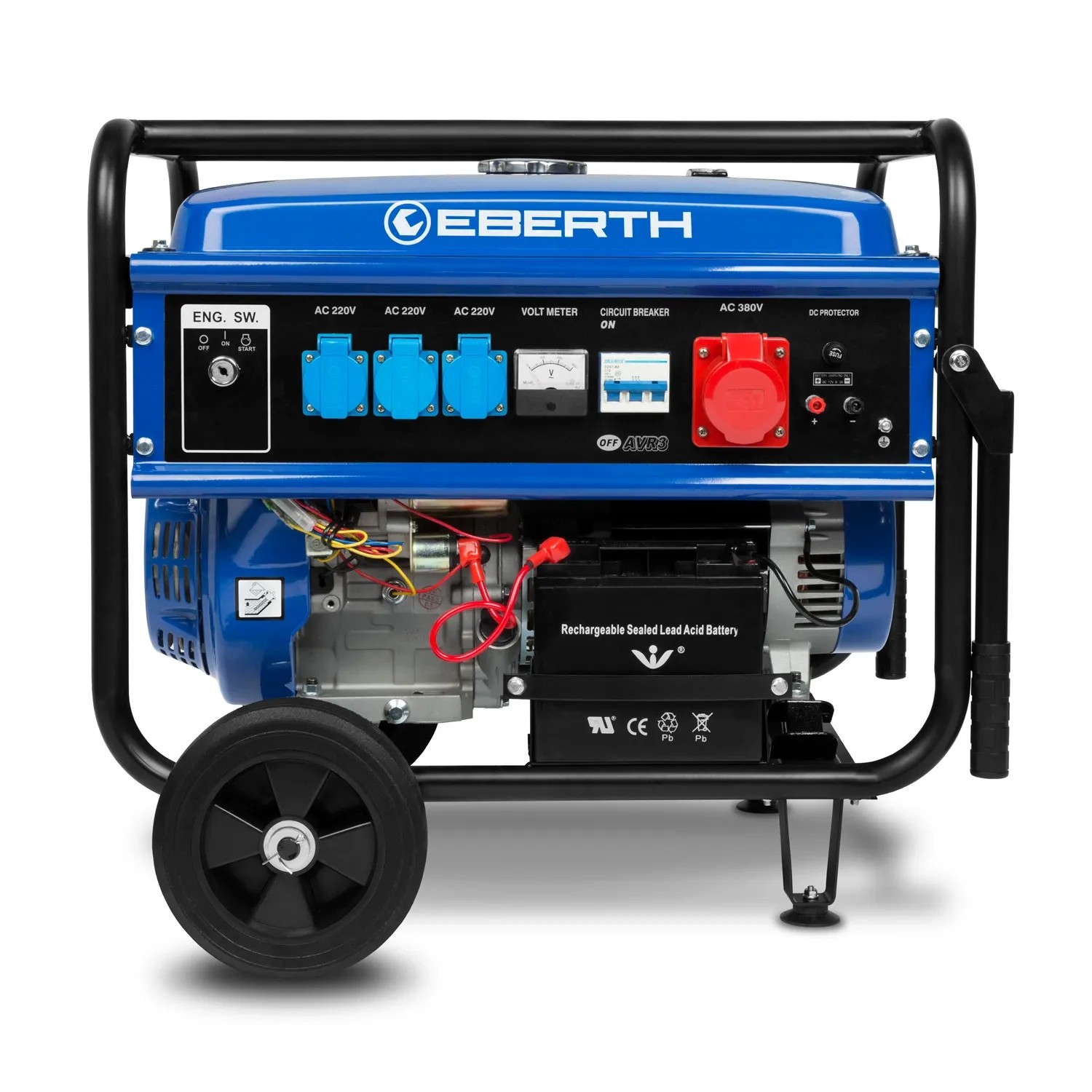 EBERTH Stromerzeuger 5500 W mit Fahrwerk, E-Start, 13 PS Benzinmotor, 3-phasig