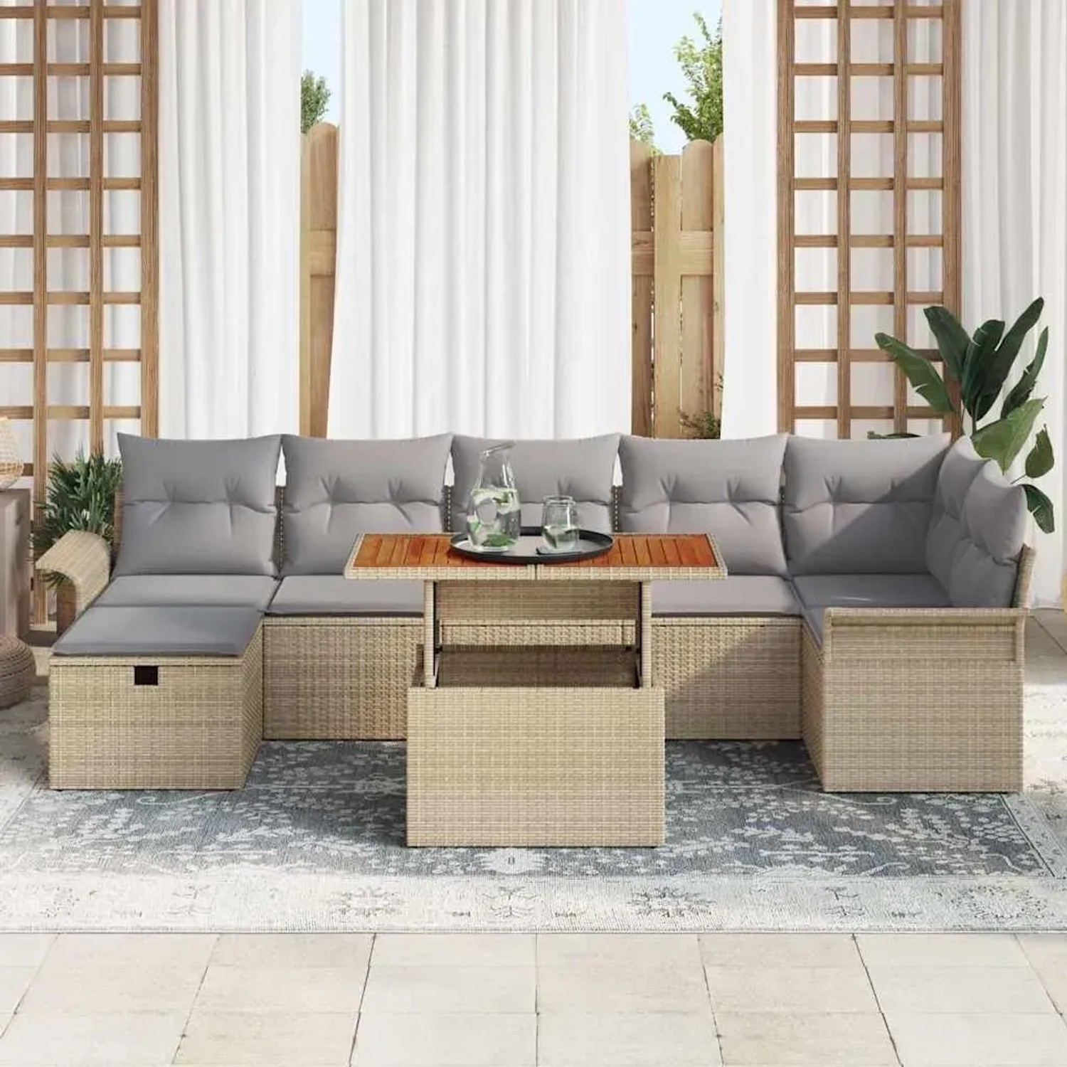 Beiges 8-teiliges vidaXL Garten-Sofa-Set aus Polyrattan mit Tisch und grauen Auflagen.
