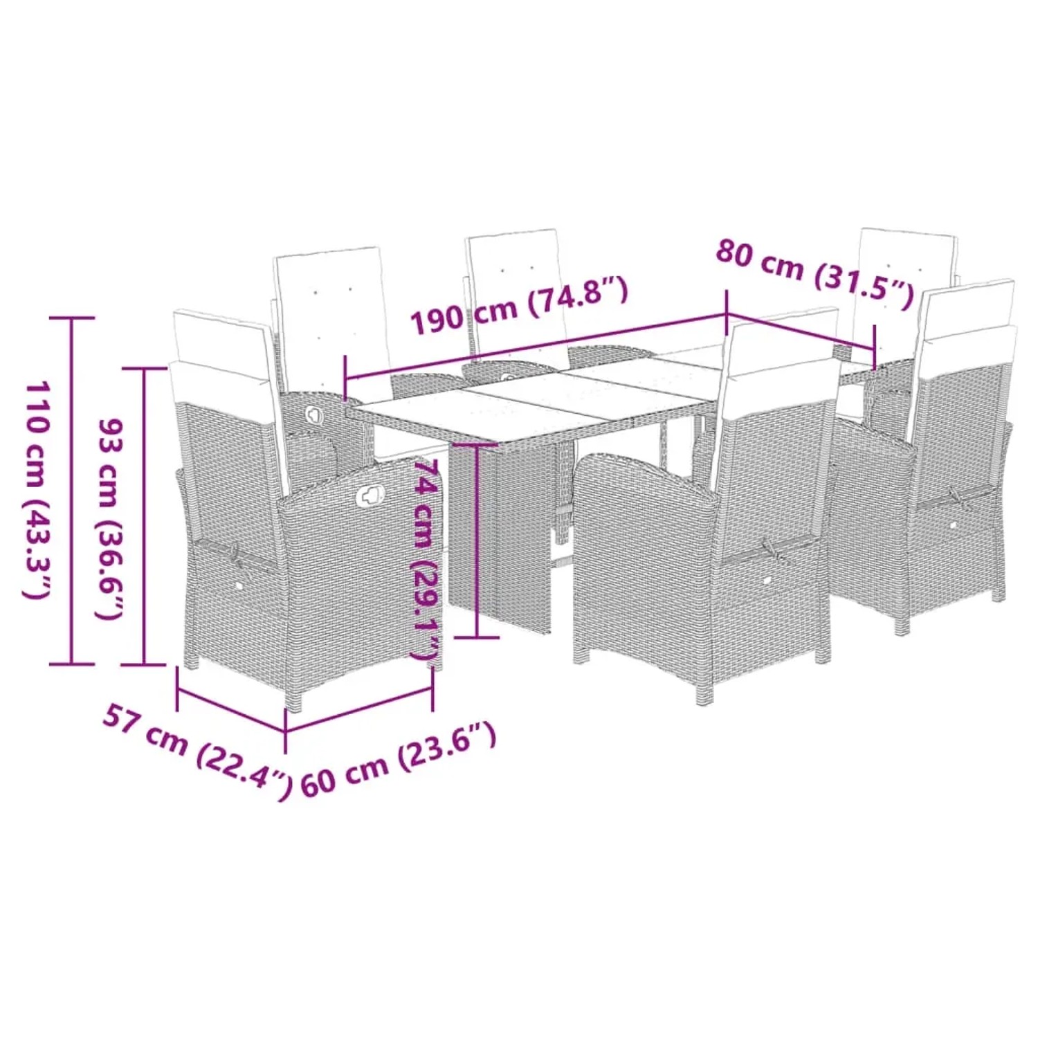 7-tlg. Garten-Essgruppe vidaXL aus braunem Rattan mit Tisch und verstellbaren Stühlen mit Kissen.