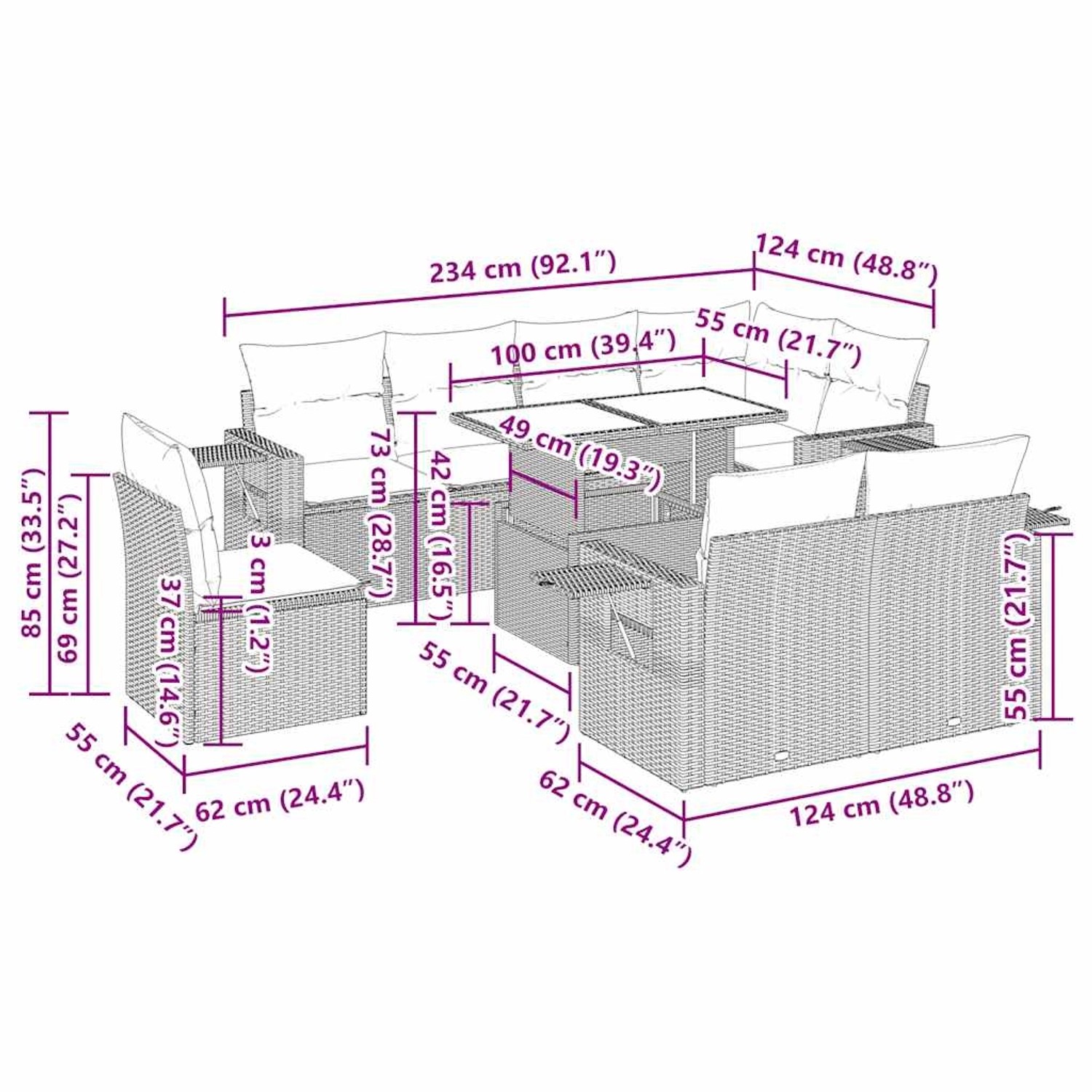 Schwarze 9-teilige Garten-Sofagarnitur aus Polyrattan mit cremeweißen Kissen, Maße eingezeichnet.
