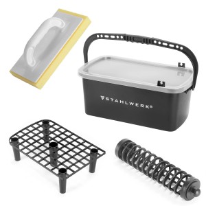 STAHLWERK Fliesenwaschset, 4-teilig: Eimer, Rollenaufsatz, Waschbrett, Abtropfgitter.