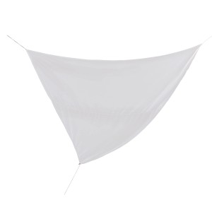 Dreieckiges, weißes Sonnensegel (360x360x500 cm) aus Polyester mit Seilspanntechnik.